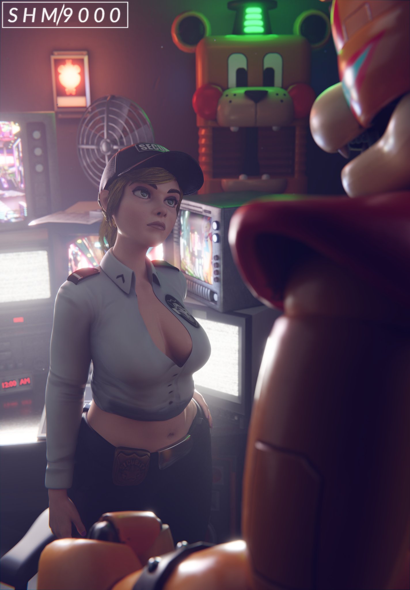 1girl 1girls 3d accurate_art_style annoyed blender blonde_hair breasts five_nights_at_freddy's five_nights_at_freddy's:_security_breach freddy_(fnaf) fully_clothed glamrock_freddy_(fnaf) green_eyes hands_on_hips looking_at_another medium_breasts security security_guard sidescreen_character superhentaimaster9000 vanessa_(fnaf)