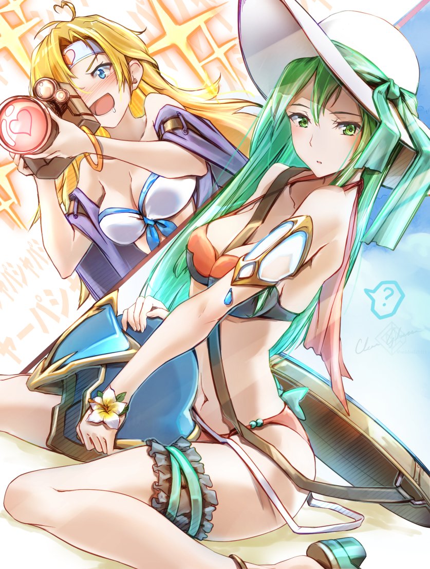 1girl 2_girls ? alluring alternate_costume bikini blonde_hair blue_eyes blush camera clear_glass_(mildmild1311) female_only fire_emblem fire_emblem:_radiant_dawn garter green_eyes green_hair hat headband heather_(fire_emblem) helmet intelligent_systems looking_at_viewer medium_breasts multiple_females multiple_girls nephenee_(fire_emblem) nintendo open_mouth orange_bikini orange_swimsuit sitting sun_hat swimsuit white_bikini white_swimsuit yuri