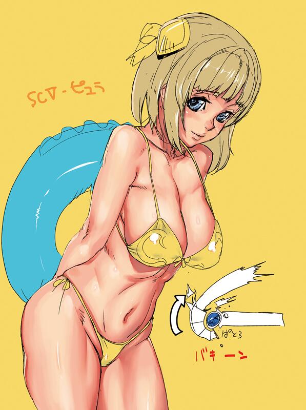 1girl alluring ashiomi_masato big_breasts blonde_hair blue_eyes cleavage closed_mouth hair_ornament innertube looking_at_viewer navel project_soul pyrrha_alexandra short_hair silf simple_background smile soul_calibur soul_calibur_v swim_ring swimsuit