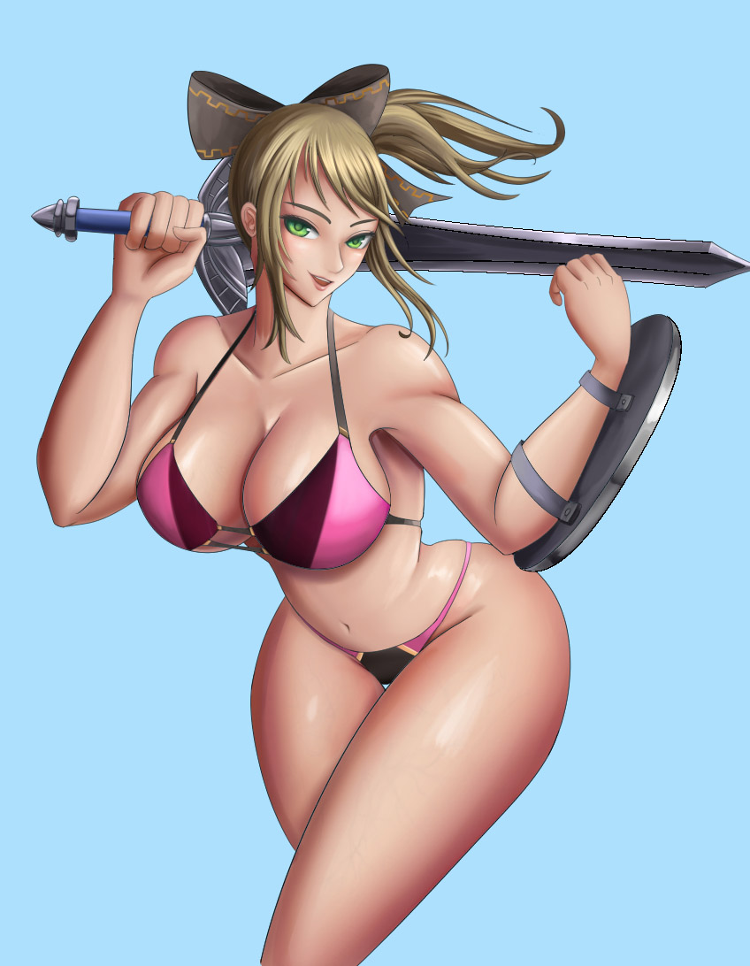 1girl alluring big_breasts bikini blonde_hair cassandra_alexandra cleavage fishmeat@sca green_eyes posing project_soul shield silf soul_calibur soul_calibur_ii soul_calibur_iii soul_calibur_vi sword sword_and_shield