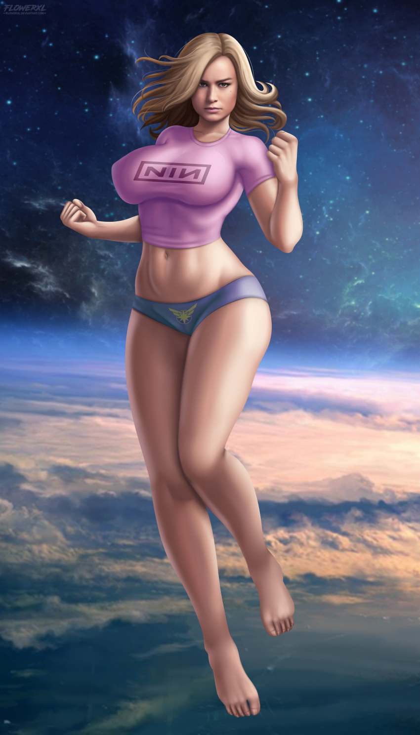 1girl blonde_hair blue_panties breasts brown_eyes captain_marvel carol_danvers female_only flowerxl front_view full_body heroine light-skinned_female long_hair looking_at_viewer marvel marvel_comics pink_shirt space superheroine thick_thighs