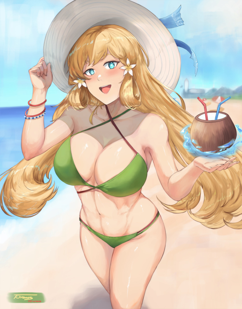 1girl :d absurd_res alluring athletic_female bare_arms bare_shoulders beach big_breasts bikini blonde_hair blue_eyes blue_sky cleavage coconut commentary cowboy_shot criss-cross_halter day drinking_straw female_abs fire_emblem fire_emblem_heroes fit_female green_bikini halterneck hands_up hat high_res intelligent_systems long_hair looking_at_viewer navel nintendo ocean official_alternate_costume open_mouth outside sky smile standing stomach sun_hat swimsuit tempurachronos thighs very_long_hair water white_hat ymir_(fire_emblem) ymir_(fire_emblem_heroes) ymir_(summer)_(fire_emblem_heroes)