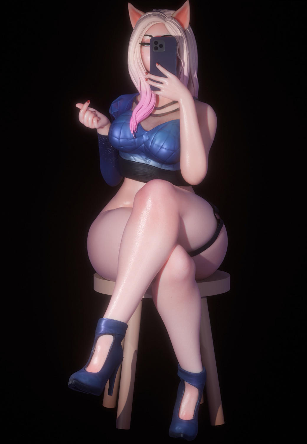 1girls 3d ahri animal_ears black_background blonde_hair bottomless breasts high_heels hips holding_object holding_phone k/da_ahri kittyyevil league_of_legends medium_breasts nail_polish riot_games screencap selfpic simple_background stitched thick_thighs thighs wide_hips