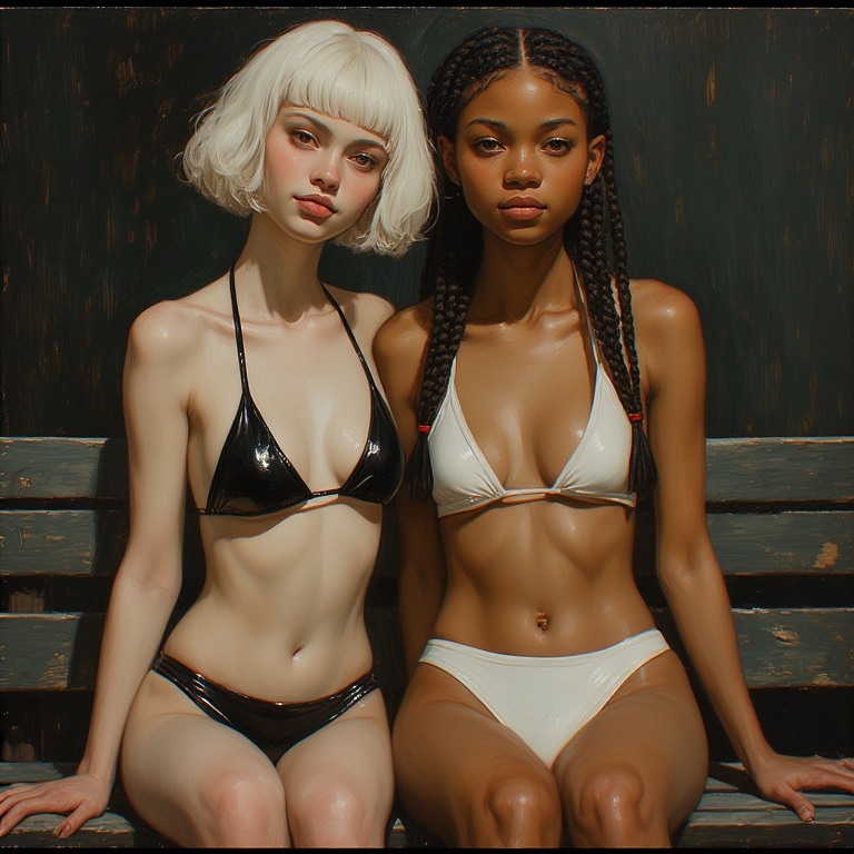 2_girls ai_generated bench bikini blonde_hair bob_cut braid dark-skinned_female dreadlocks latex latex_clothing light-skinned_female original original_character sexy_body sitting_on_bench skinny slim small_breasts