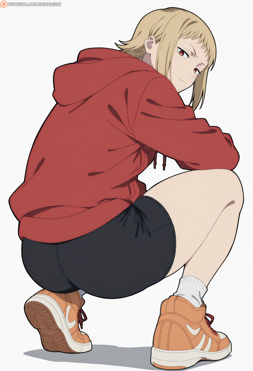 ai_generated akane_sawatari back_view bare_thighs bike_shorts blonde_hair chainsaw_man huge_thighs light-skinned_female light_skin looking_back red_eyes sawahebi short_hair solo_female squatting sweat sweatdrop thick_body thick_female thick_thighs thighs voluptuous voluptuous_female