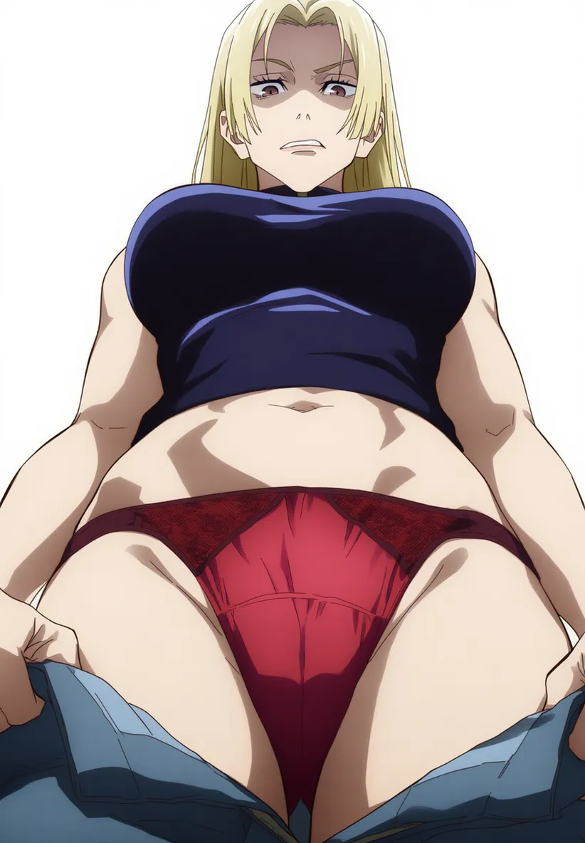 ai_generated angry_expression athletic_female bare_thighs big_breasts blonde_hair brown_eyes huge_breasts huge_thighs jujutsu_kaisen light-skinned_female light_skin long_hair looking_down low-angle_view massive_breasts panties pussy_visible_through_panties solo_female squatting sweat sweatdrop thick_body thick_female thick_thighs thighs voluptuous voluptuous_female yoez8 yuki_tsukumo