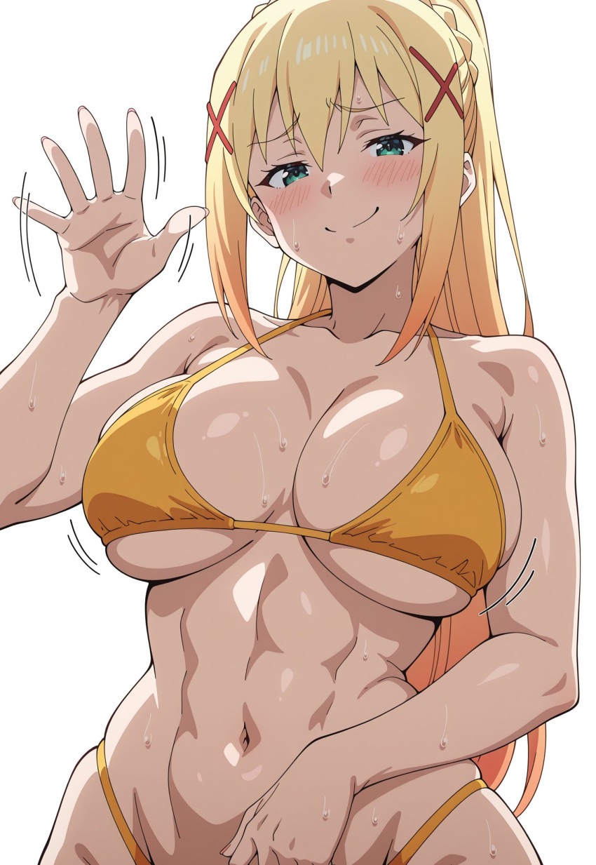 ai_generated athletic_female big_breasts bikini blonde_hair blush cyan_eyes darkness_(konosuba) grin huge_breasts kono_subarashii_sekai_ni_shukufuku_wo! light-skinned_female light_skin lilabratt looking_at_viewer massive_breasts muscular_female ponytail solo_female squatting sweat sweatdrop thick_body thick_female voluptuous voluptuous_female
