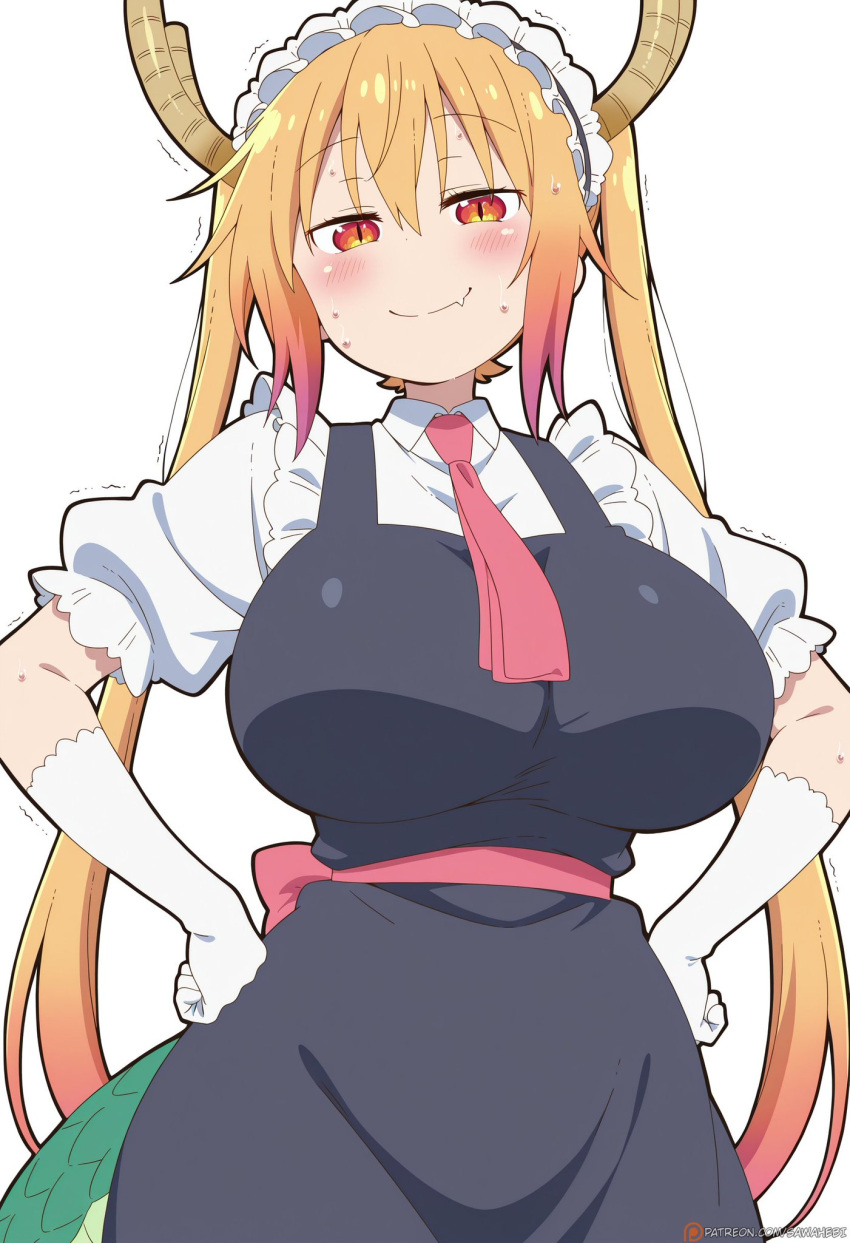 ai_generated blonde_hair dragon_girl dragon_horns dragon_tail gigantic_breasts grin huge_breasts kobayashi-san_chi_no_maidragon light-skinned_female light_skin looking_at_viewer maid_headdress maid_uniform massive_breasts multicolored_hair red_eyes sawahebi solo_female squatting sweat sweatdrop thick_body thick_female tohru_(dragon_maid) twin_tails voluptuous voluptuous_female