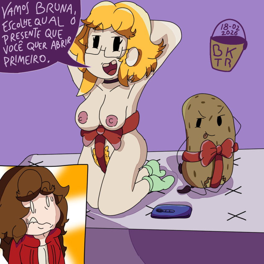 batata_(brubs) bed blonde_female blonde_hair brazilian brazilian_female breasts brown_hair brubs bucketaroo mattress narcissism portuguese_text potato pubic_hair red_hair ribbon_bondage shocked_expression smartphone