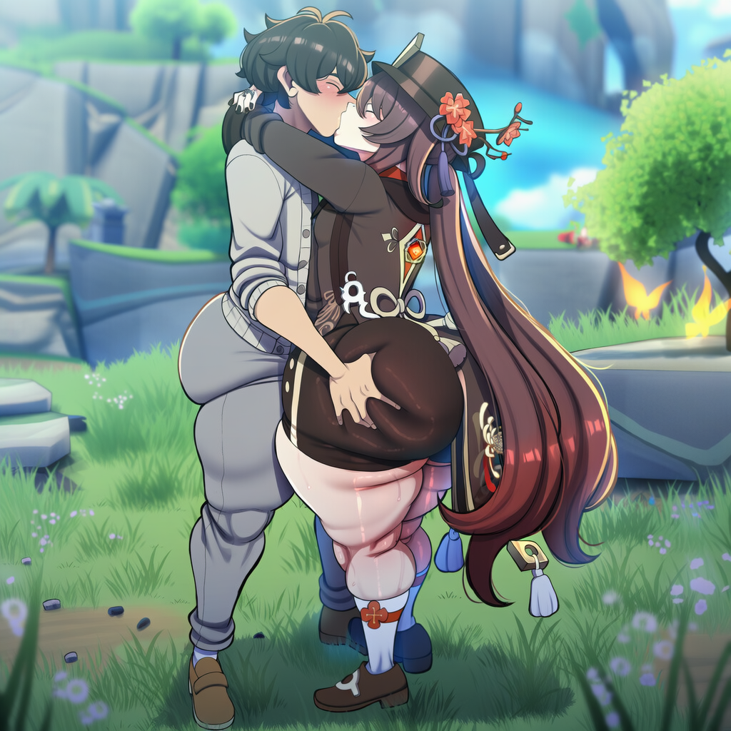 1boy 1girl ai_generated ass big_ass booty_shorts breasts genshin_impact hu_tao_(genshin_impact) huge_ass mihoyo