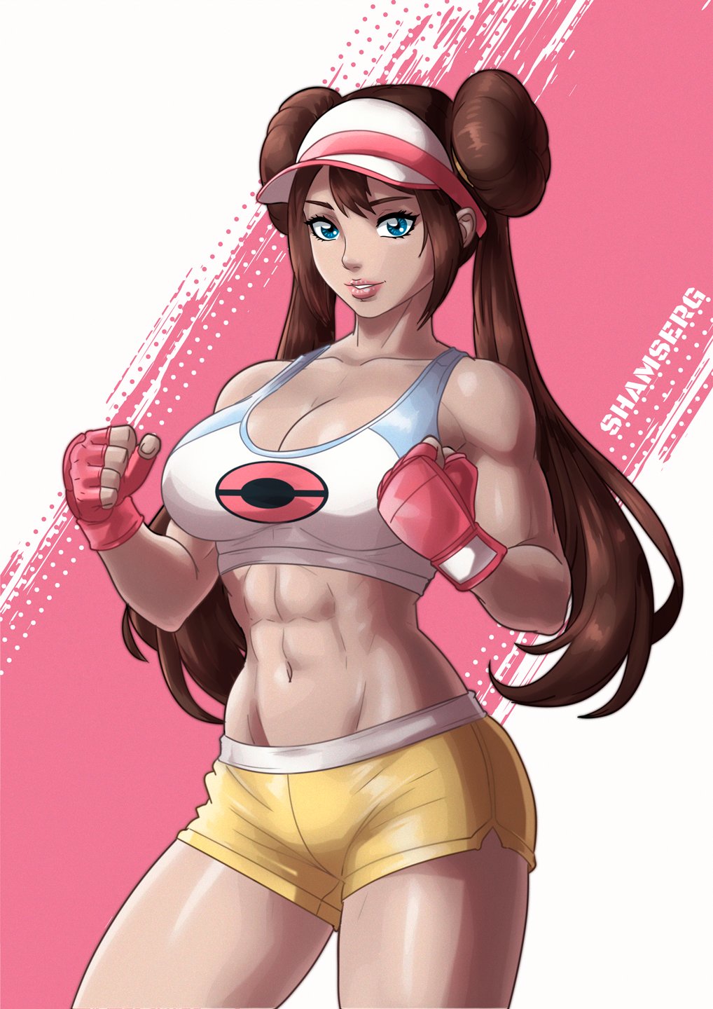 1girl 1girl abs alluring artist_name athletic_female breasts brown_hair cleavage clenched_hands double_bun female_abs fingerless_gloves fit_female gloves hair_bun high_res long_hair looking_at_viewer nintendo pink_gloves pokemon pokemon_bw2 rosa_(pokemon) shamserg shorts tank_top visor_cap yellow_shorts