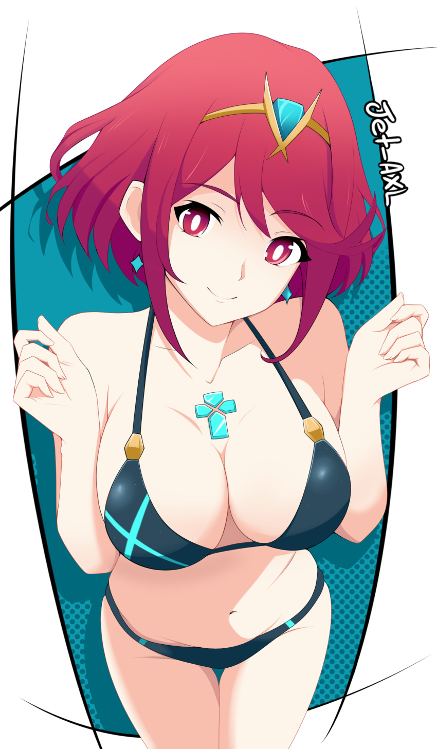 1girl 1girl absurd_res alluring big_breasts bikini black_bikini bob_cut breasts chest_jewel cleavage earrings from_above halterneck hashtag-only_commentary high_res jetaxl_tanuki jewelry navel pyra_(xenoblade) red_eyes red_hair short_hair smile string_bikini swept_bangs swimsuit tiara xenoblade_(series) xenoblade_chronicles_2