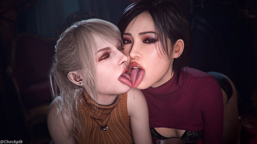1girl 2_girls 3d ada_wong american american_female ashley_graham ashley_graham_(ella_freya) asian asian_female ass breasts capcom caucasian caucasian_female checkpik chinese chinese_female dark_room duo duo_female duo_focus female_focus female_only flashlight high_res high_res high_resolution kissing light lighting lipgloss lips lipstick multiple_females multiple_girls resident_evil resident_evil_4 resident_evil_4_remake simple_background tongue tongue_out yuri