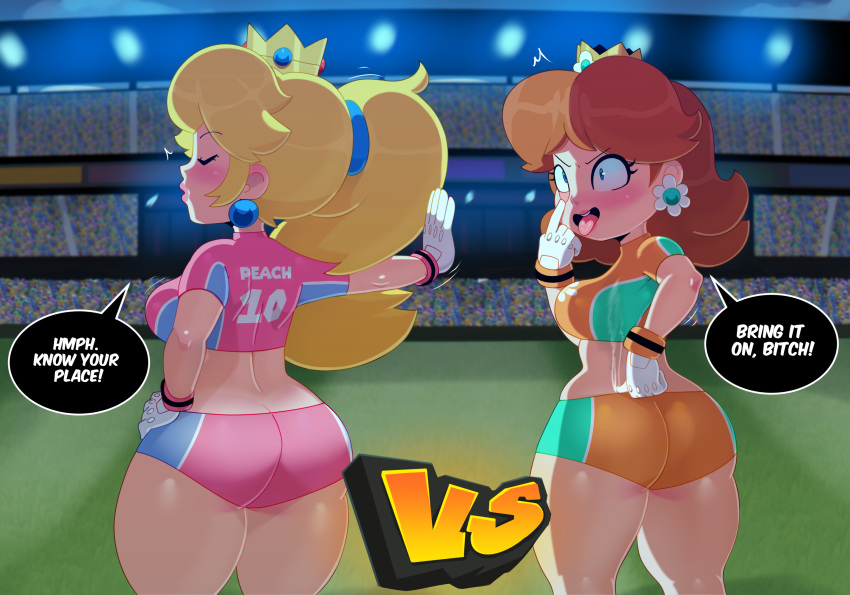 1girl 2_girls alternate_costume arena ass ass ass_cleavage ass_crack ass_focus back_view big_breasts blonde_hair blue_eyes booty_shorts bottom_heavy bottom_heavy_female bottomwear breasts brown_hair bubble_ass bubble_butt butt_crack butt_focus clothing competition crown daisy's_hot_stuff_(trend) dat_ass dat_butt english_text envy female_focus female_only fit fit_female football football_player football_uniform gloves hand_on_hip huge_ass human ignoring lipstick long_hair making_faces mario_(series) mario_strikers mario_strikers_peach_back_view_redraw_(meme) mario_strikers_princess_daisy_side_view_redraw_(meme) medium_breasts midriff nintendo orange_shorts outside pink_shorts ponytail princess princess_daisy princess_peach rear_view rude short_shorts shorts somescrub speech_bubble sportswear stadium thick_lips thick_thighs toned toned_female tongue tongue_out white_gloves