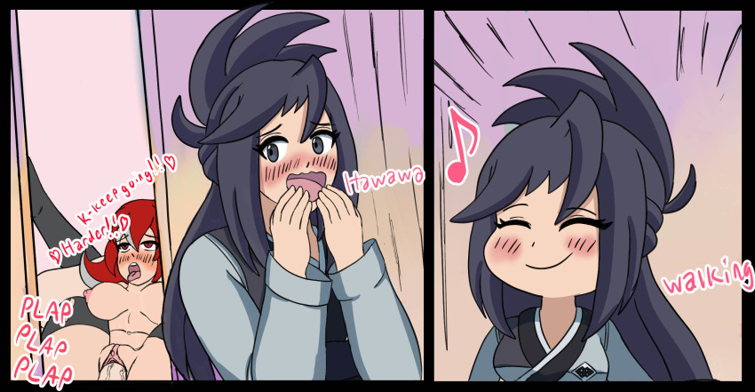 1girl 2_girls artist_request big_breasts black_hair breasts gym_leader kimono nipples nude nude_female pokemon pokemon_fangame pokemon_reborn red_hair sex source_request titania_(pokemon_reborn) titania_andersen undressing vero_(pokemon_reborn) victoria_(pokemon_reborn) victoria_marlow