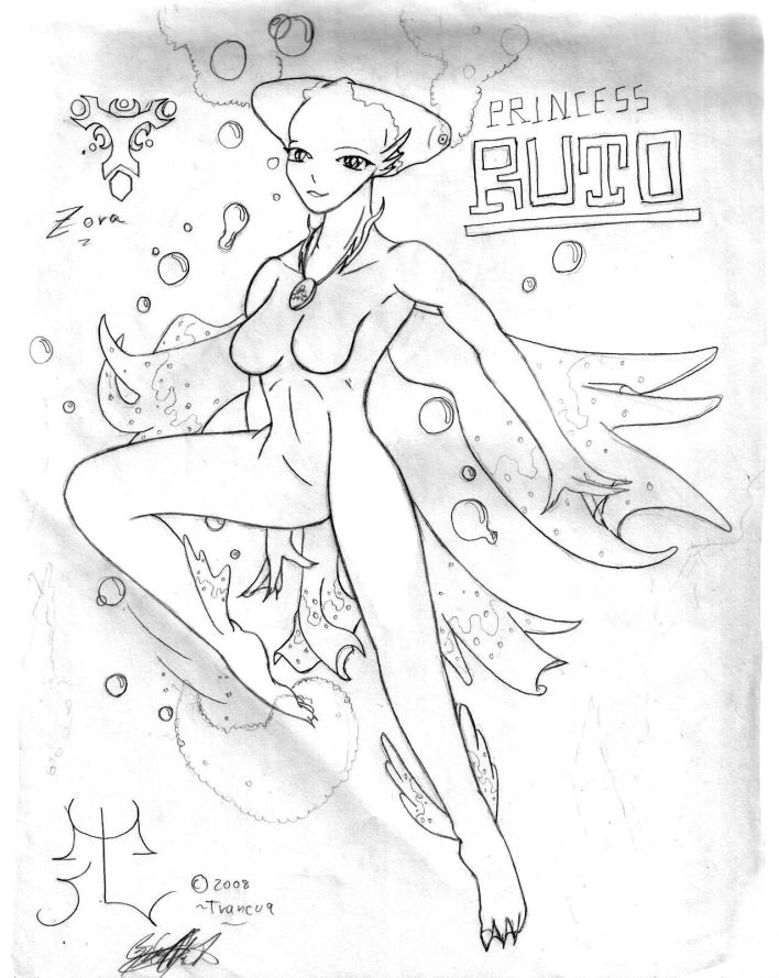 1girl 2008 animal_humanoid aquatic black_and_white breasts female fish fish_humanoid full-length_portrait humanoid marine_humanoid monochrome nintendo nude ocarina_of_time pen_(artwork) portrait princess_ruto signature simple_background solo the_legend_of_zelda traditional_media_(artwork) trancua underwater water white_background zora