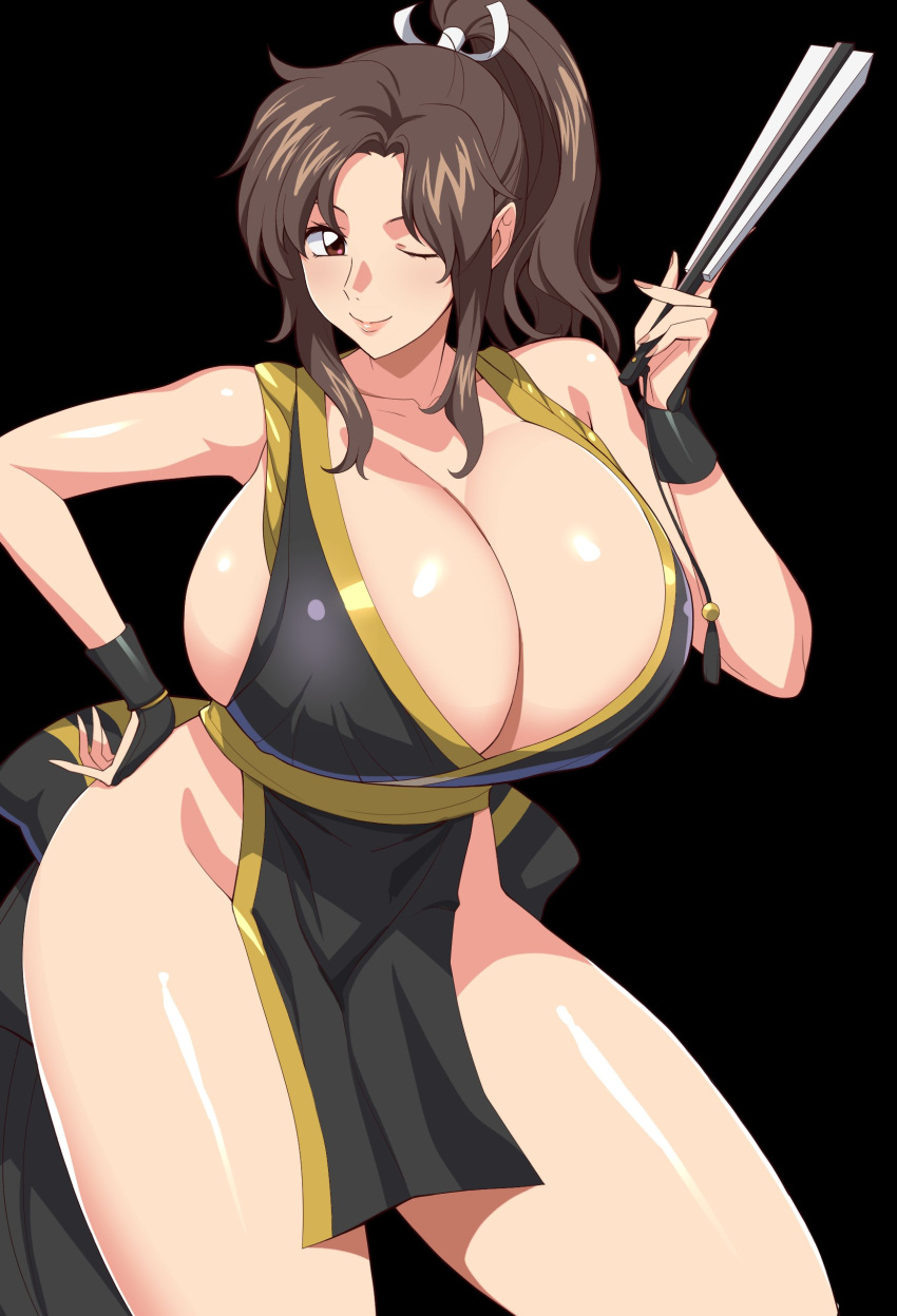 1girl absurd_res alternate_color black_background breasts brown_hair cleavage collarbone commentary_request commission cosplay gundam gundam_seed hand_fan high_res holding holding_fan huge_breasts kloah murrue_ramius one_eye_closed ponytail purple_eyes shiranui_mai shiranui_mai_(cosplay) skeb_commission the_king_of_fighters