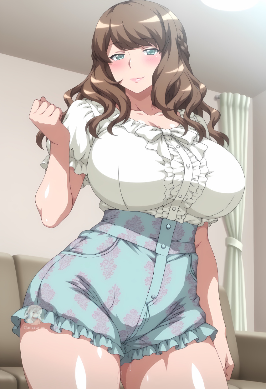 1girl ai_generated arisato_yu ass ayami_(ecchi_na_onee-chan_ni_shiboraretai) blush breasts clothed clothed_female ecchi_na_onee-chan_ni_shiboraretai hips light-skinned_female light_skin pussy_juice pussy_juice_drip thick_thighs thighs vaginal_fluids wide_hips