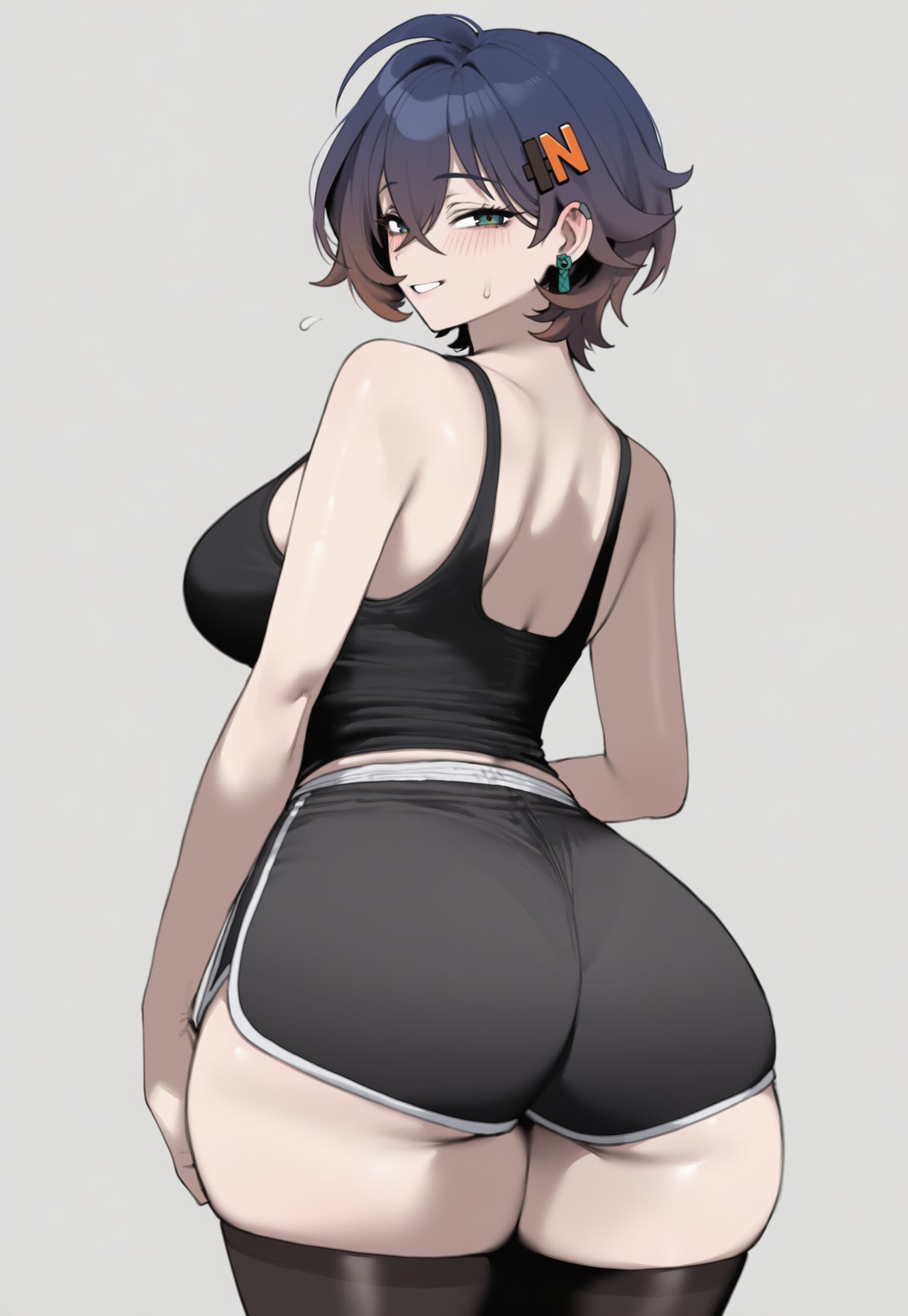 1girl ai_generated ass ass_focus back back_view belle_(zenless_zone_zero) blush booty_shorts breasts fat_ass huge_ass huge_breasts looking_at_viewer looking_back mihoyo short_hair smile sweat sweatdrop thick_thighs thighs truck-kun_art zenless_zone_zero