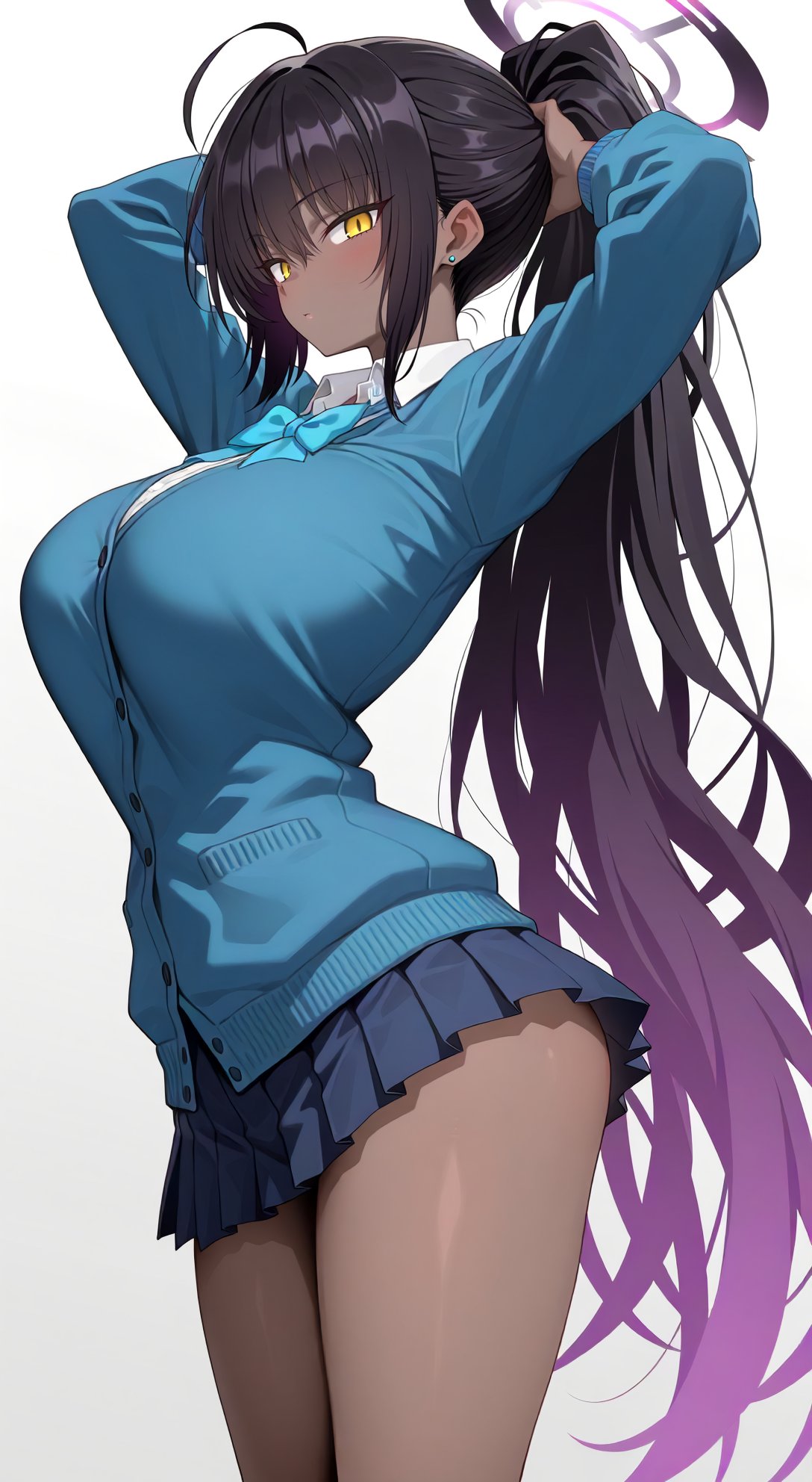 1girl ai_generated ass beautiful black_hair blue_archive breasts clothed clothed_female dark-skinned_female dark_skin halo huge_ass huge_breasts karin_(blue_archive) long_hair looking_at_viewer nikumist ponytail school_uniform schoolgirl simple_background skirt standing thick_thighs thighs white_background yellow_eyes