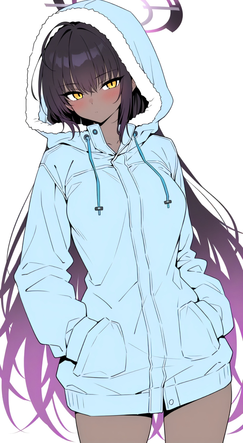 1girl ai_generated blue_archive blush breasts clothed clothed_female collarbone dark-skinned_female dark_skin halo hoodie huge_breasts karin_(blue_archive) long_hair looking_at_viewer nikumist simple_background thick_thighs thighs white_background yellow_eyes