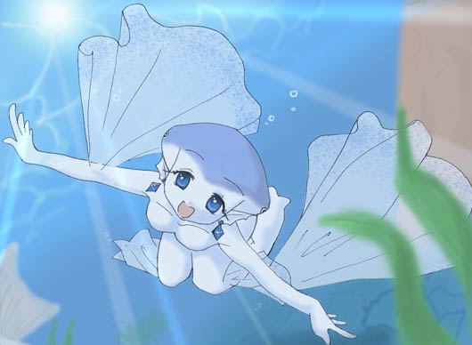 1girl animal_humanoid aquatic blue_body breasts digital_media_(artwork) ear_piercing female fish fish_humanoid front_view humanoid marine_humanoid nintendo nude ocarina_of_time piercing portrait princess_ruto solo the_legend_of_zelda three-quarter_portrait underwater unknown_artist water zora