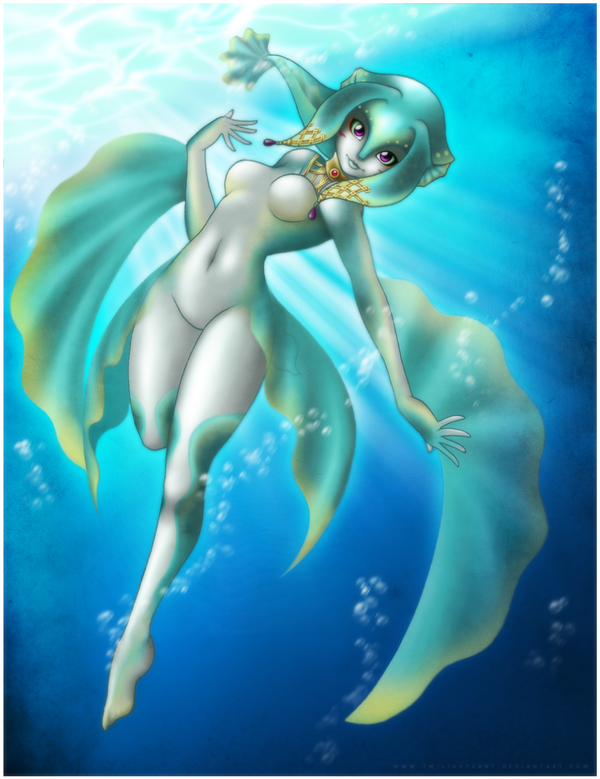 1girl animal_humanoid aquatic blue_hair breasts bubble featureless_breasts female fin fish fish_humanoid hair humanoid jewelry looking_at_viewer marine_humanoid navel nintendo nude nude_female nude_humanoid ocarina_of_time princess_ruto purple_eyes raised_leg sea skinny_dipping solo the_legend_of_zelda twilightzant underwater water zora