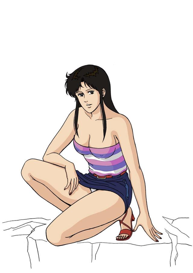 1girl arm_at_side arm_support bare_arms bare_legs bare_shoulders belt big_breasts black_eyes black_hair blue_skirt breasts cat's_eye cleavage collarbone female_only female_solo footwear full_body grin head_tilt high_heel_sandals high_heels hitomi_kisugi kisugi_hitomi legs long_hair looking_at_viewer medium_breasts miniskirt multicolored_clothes multicolored_tubetop nail_polish neck panties pantyshot pantyshot_(squatting) parted_lips pencil_skirt sidelocks simple_background skirt smile squatting straight_hair strapless striped striped_clothes striped_tubetop thighs tubetop underwear white_background white_panties white_underwear