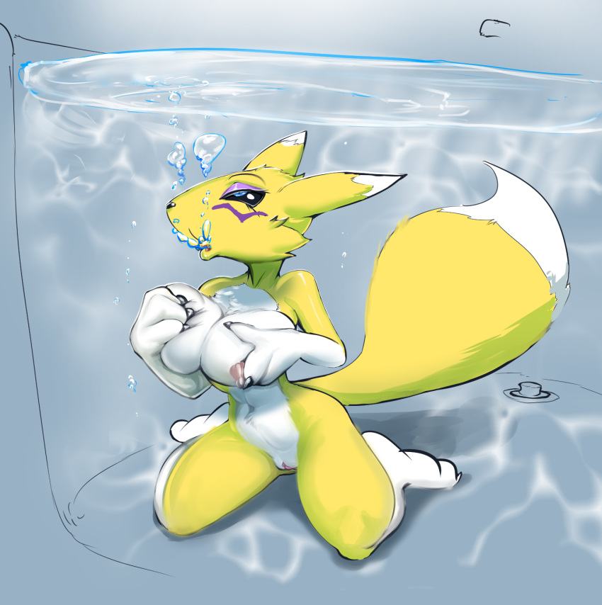 1girl bandai_namco bathtub breasts bubbles byondrage digimon female fondling nude r34 renamon sketch solo tub underwater