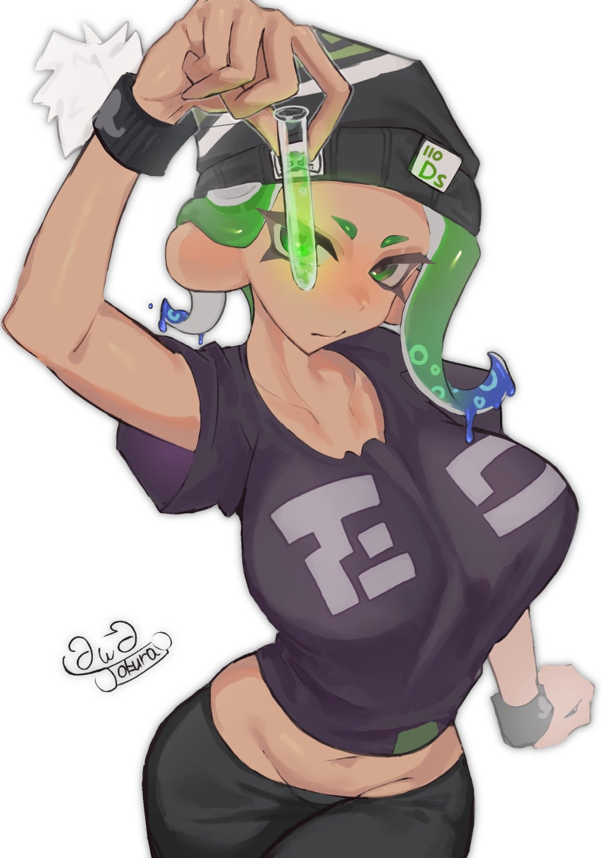 1girl beanie big_breasts black_pants breasts green_eyes green_hair looking_at_viewer mev_(mevlingo) navel nintendo octoling okura_katu pants shirt short_hair short_sleeves simple_background splatoon_(series) splatoon_3 tentacle_hair two_tone_hair white_background