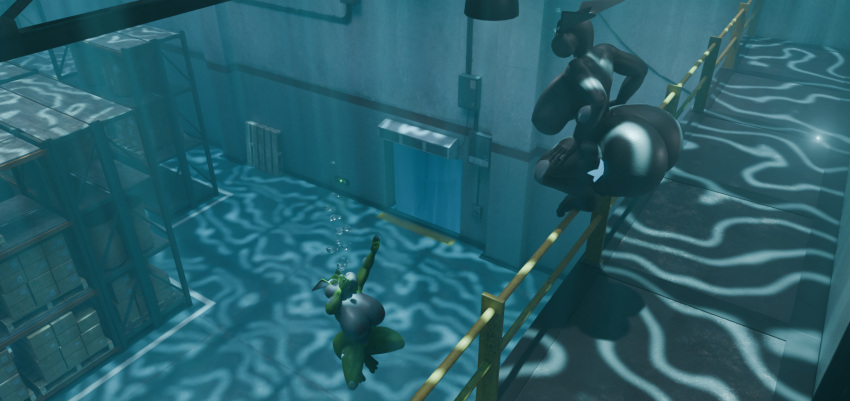 2girls aquaphilia ass breasts bubbles dat_ass disappointed drowning duo female greninja nintendo nipples nude peril pokemon puffy_cheeks struggling training underwater underwater_peril warehouse zantzusui