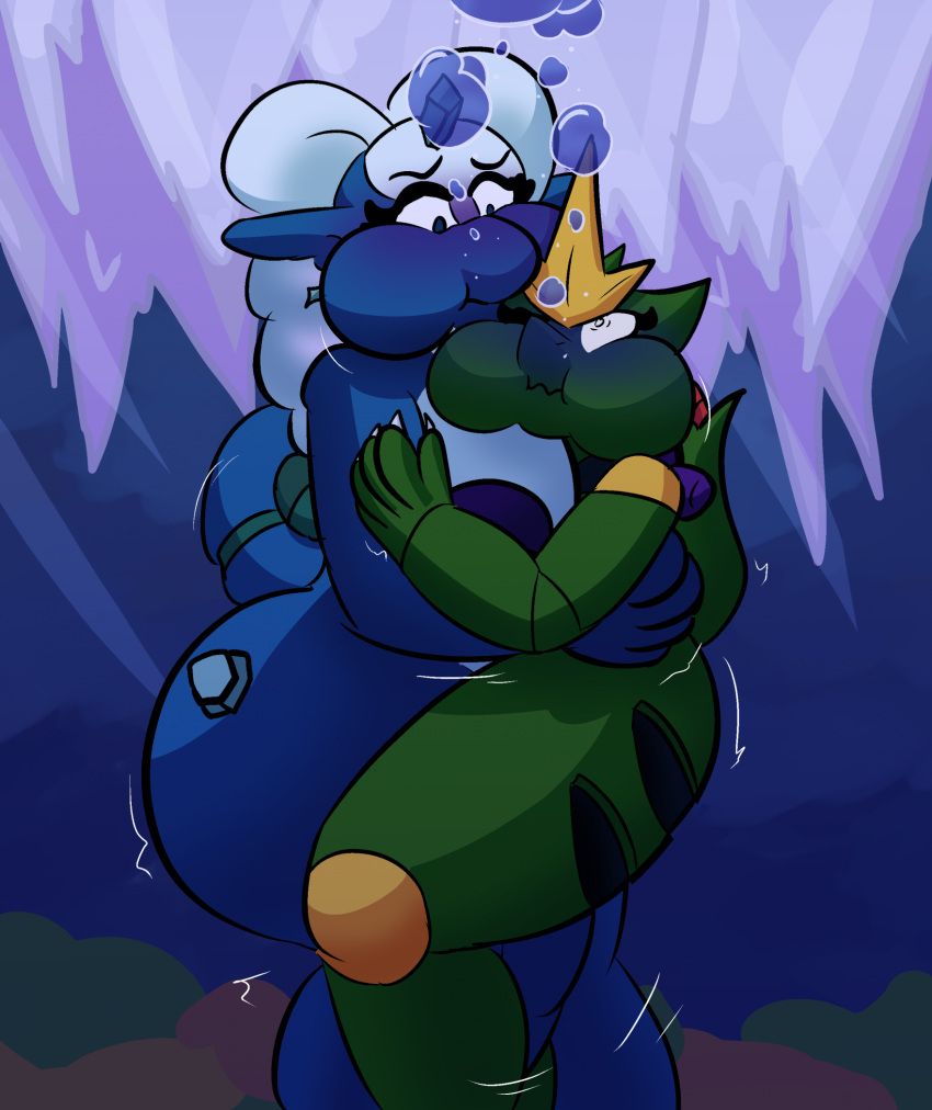 2girls aquaphilia aurorus blush breasts bubbles cuddling drowning female hugging ice nintendo nipples nude peril pokemon puffy_cheeks tyranitar underwater underwater_peril zantzusui