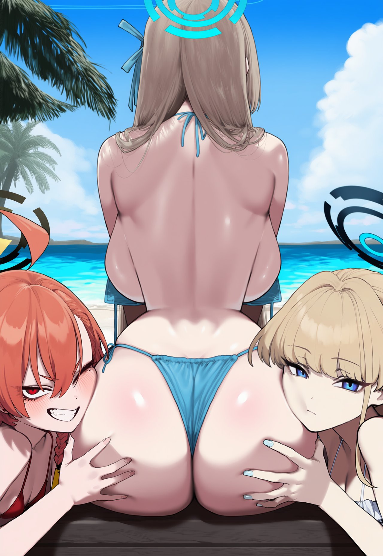 3_girls ai_generated ass ass_focus ass_grab ass_worship asuna_(blue_archive) back back_view beach bikini blue_archive breasts gigantic_ass halo huge_ass huge_breasts light-skinned_female light_skin multiple_girls neru_(blue_archive) one_eye_closed outside perfect_body small_breasts swimsuit toki_(blue_archive) truck-kun_art worship yuri