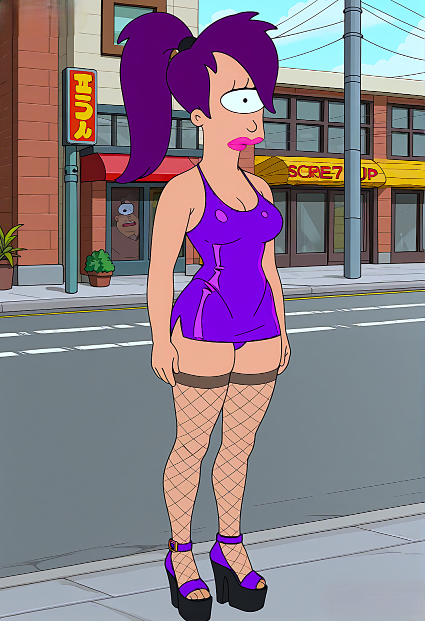 breasts fishnet_stockings futurama latex_dress panties thighs turanga_leela
