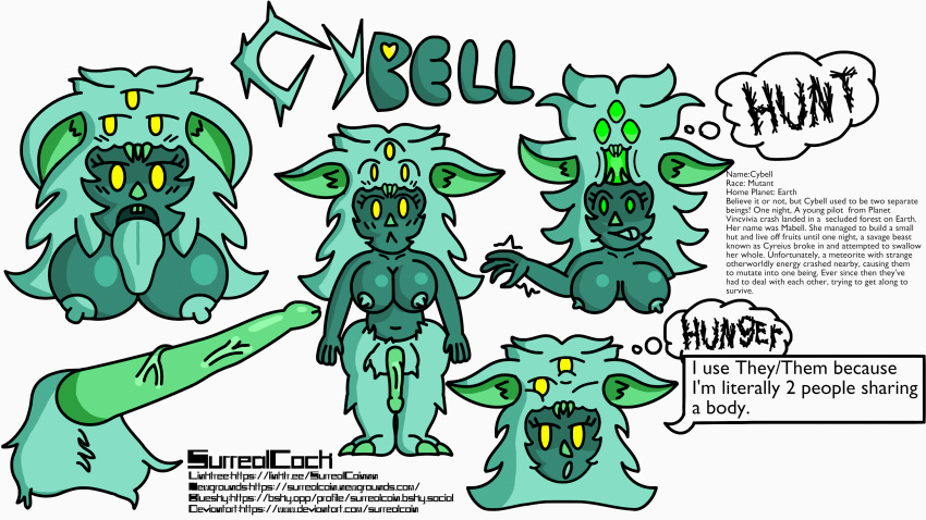 1futa 1girl 2d 2d_(artwork) 2d_artwork big_breasts blue_hair blue_skin breasts cybell_(surrealcock) dickgirl fusion futanari hidden_tail intersex large_tongue long_ears lore merge merged mutant oc original pronouns pussy shared_body surrealcock they_them_pussy thick_thighs thought_bubble unusual_anatomy yellow_eyes