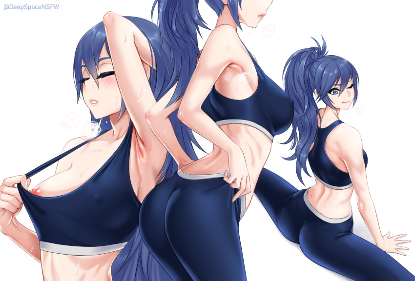 1girl 1girl 1girl alluring alternate_hairstyle armpits ass athletic_female big_ass blue_hair covered_nipples deepspace female_abs female_only fire_emblem fire_emblem_awakening fire_emblem_warriors fit_female intelligent_systems lucina lucina_(fire_emblem) medium_breasts nintendo nipples one_eye_closed ponytail sports_bra sportswear spread_legs sweaty