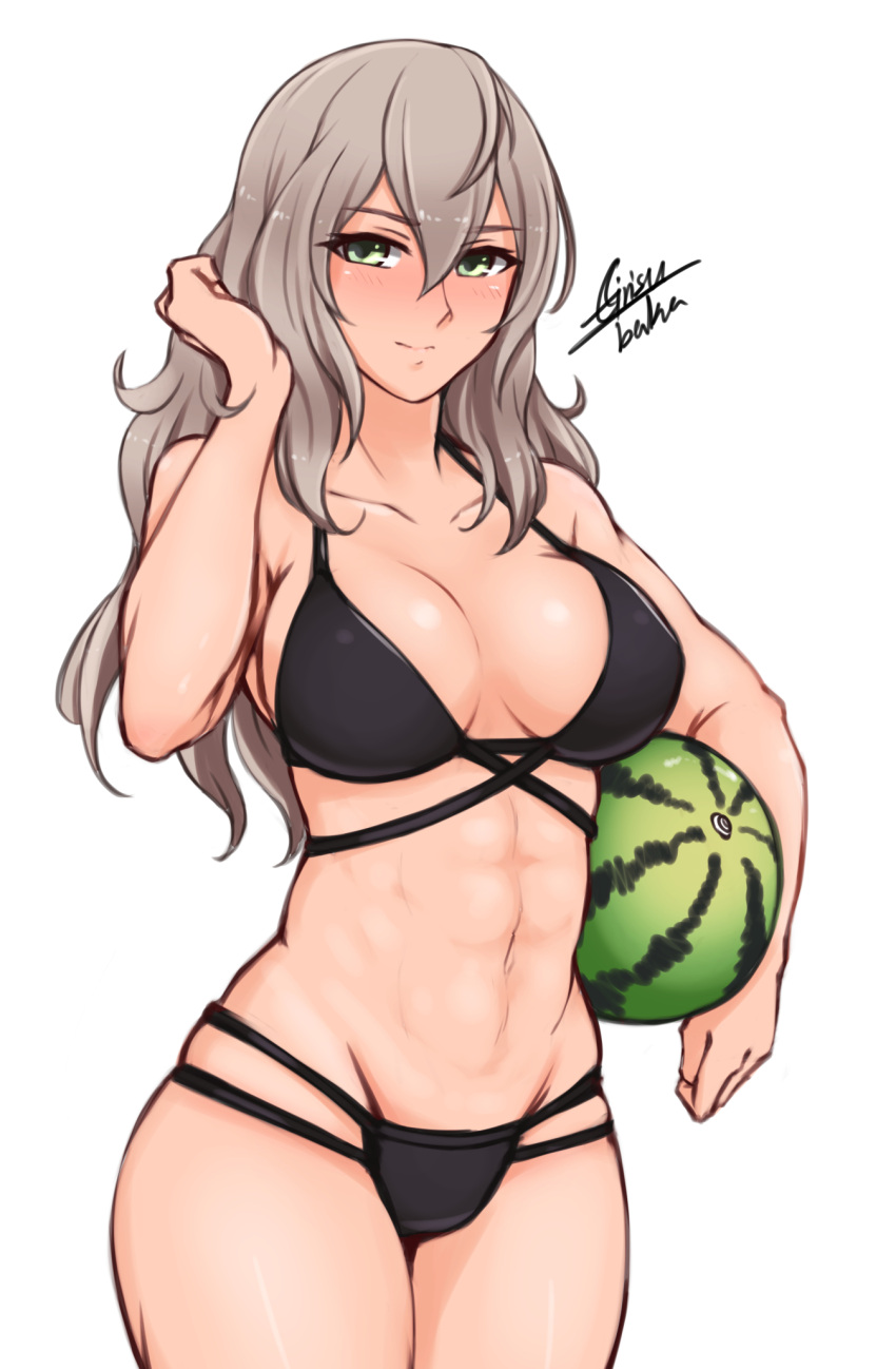1girl 1girl 1girls abs airisubaka alluring alternate_hairstyle artist_name athletic_female bare_shoulders bikini black_bikini blush cleavage collarbone cowboy_shot effie_(fire_emblem) eyebrows_visible_through_hair eyes_visible_through_hair female_abs female_only fire_emblem fire_emblem_fates fit_female food fruit green_eyes grey_hair hair_between_eyes high_res holding human human_only intelligent_systems long_hair looking_at_viewer medium_breasts midriff navel nintendo signature simple_background sleeveless smile standing swimsuit toned watermark watermelon white_background