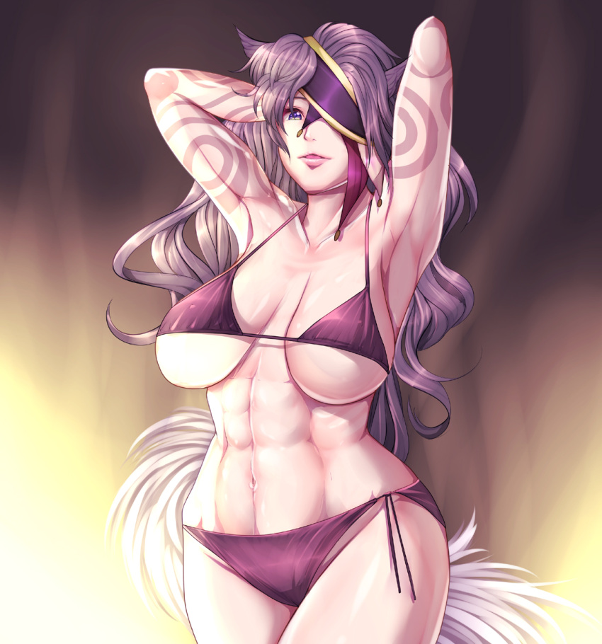 1girl 1girl abs alluring animal_ears arms_up athletic_female big_breasts bikini eyepatch female_abs female_focus fire_emblem fire_emblem:_radiant_dawn fit_female hands_in_own_hair harihisa intelligent_systems lips long_hair nailah_(fire_emblem) navel nintendo parted_lips purple_bikini purple_eyes purple_hair side-tie_bikini_bottom smile swimsuit tail toned toned_female under_boob very_long_hair wide_hips wolf_ears wolf_tail