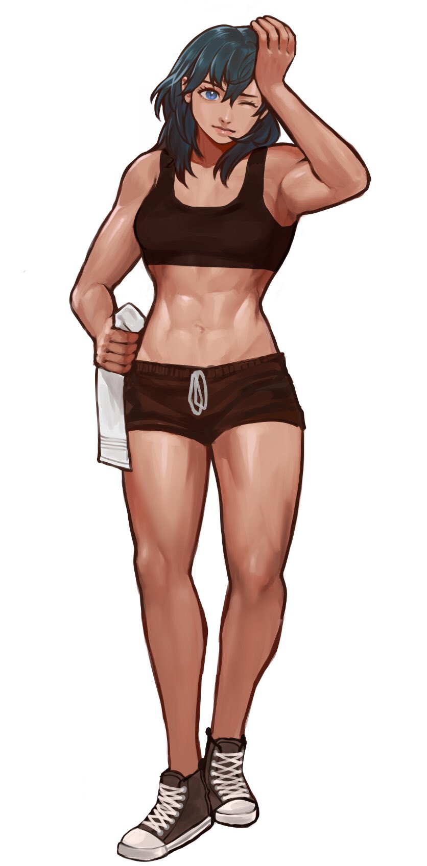 1girl 1girl abs alluring aqua_eyes athletic_female black_shoes black_shorts black_sports_bra blush byleth_(fire_emblem) contemporary converse drawstring female_abs fire_emblem fire_emblem:_three_houses fit_female full_body hand_on_own_head high_res intelligent_systems lips medium_hair midriff navel nintendo one_eye_closed radiostarkiller shoes shorts small_breasts sneakers sports_bra tan teal_hair towel walking white_background