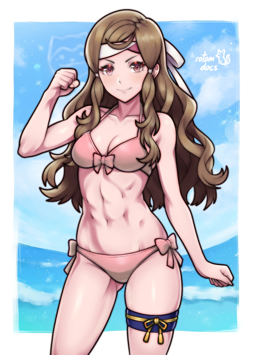 1girl 1girl abs alluring arm_pump athletic_female bikini bow bow_bikini brown_eyes brown_hair cleavage cowboy_shot female_abs fire_emblem fire_emblem_fates fit_female flexing gluteal_fold hana_(fire_emblem) headband high_res intelligent_systems long_hair looking_at_viewer medium_breasts navel nintendo outside pink_bikini rotomdocs sidelocks swimsuit thigh_strap toned toned_female