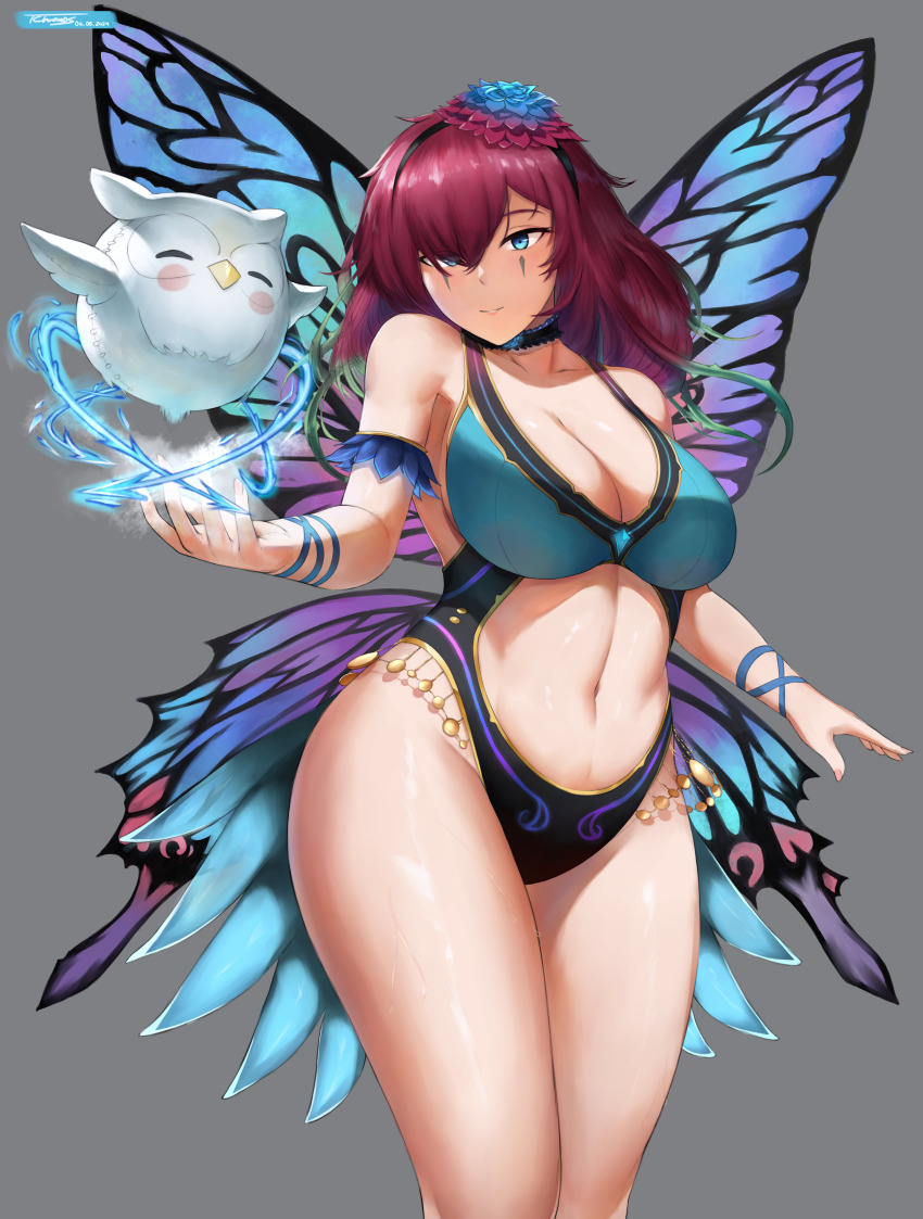 1girl 1girl absurd_res alluring alternate_costume bare_shoulders big_breasts black_one-piece_bikini blue_eyes blue_one-piece_bikini butterfly_wings cleavage clothing_cutout collarbone facial_mark fairy_wings feh_(fire_emblem_heroes) fire_emblem fire_emblem_heroes flower gradient_flower grey_background hair_flower hair_ornament hair_over_one_eye hair_vines high_res insect_wings intelligent_systems looking_at_viewer navel navel_cutout nintendo one-piece_bikini plant purple_hair simple_background swimsuit tempurachronos thorns triandra_(fire_emblem) wings