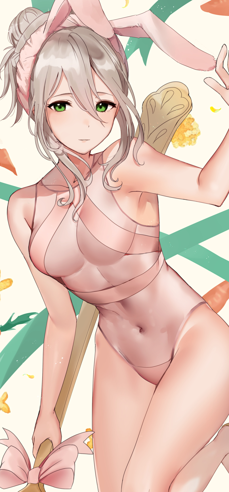 1girl 1girl alluring alternate_costume animal_ears athletic_female bare_shoulders bow collarbone commentary_request covered_navel effie_(fire_emblem) fake_animal_ears female_abs fire_emblem fire_emblem_fates fire_emblem_heroes fit_female green_eyes grey_hair hair_bun hair_ornament haru_(nakajou-28) high_res holding intelligent_systems leg_lift leotard looking_at_viewer medium_breasts nintendo parted_lips rabbit_ears see-through_clothes simple_background sleeveless smile spoon