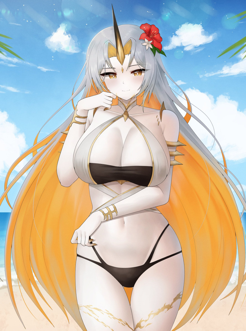 1girl 1girl alluring arm_under_breasts armlet bare_arms bare_shoulders beach bikini black_bikini blue_sky blush bracelet cleavage closed_mouth cloud collarbone colored_inner_hair doiparuni fire_emblem fire_emblem_heroes flower gluteal_fold gold_horns grey_hair gullveig_(fire_emblem) gullveig_(summer)_(fire_emblem) hair_flower hair_ornament high_res horns huge_breasts intelligent_systems jewelry long_hair looking_at_viewer multicolored_hair navel nintendo ocean official_alternate_costume orange_hair outside pale_skin palm_tree single_horn sky smile stomach swimsuit thick_thighs thighs tree two-tone_hair water yellow_eyes yellow_horns