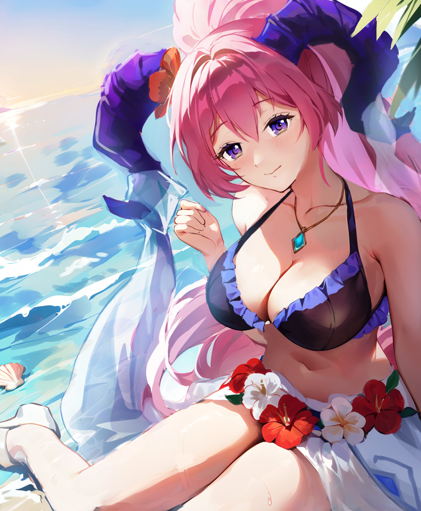 1girl 1girl alluring beach big_breasts bikini black_bikini blush cleavage closed_mouth collarbone curled_horns fire_emblem fire_emblem_heroes flower goat_horns hair_between_eyes hair_flower hair_ornament high_heel_sandals high_heels high_res horns intelligent_systems jewelry jurge long_hair looking_at_viewer mixed-language_commentary navel necklace nerthuz_(fire_emblem) nerthuz_(summer)_(fire_emblem) nintendo ocean official_alternate_costume pink_hair ponytail purple_eyes purple_horns red_flower sandals sarong seashell shell sitting smile stomach swimsuit water white_sarong