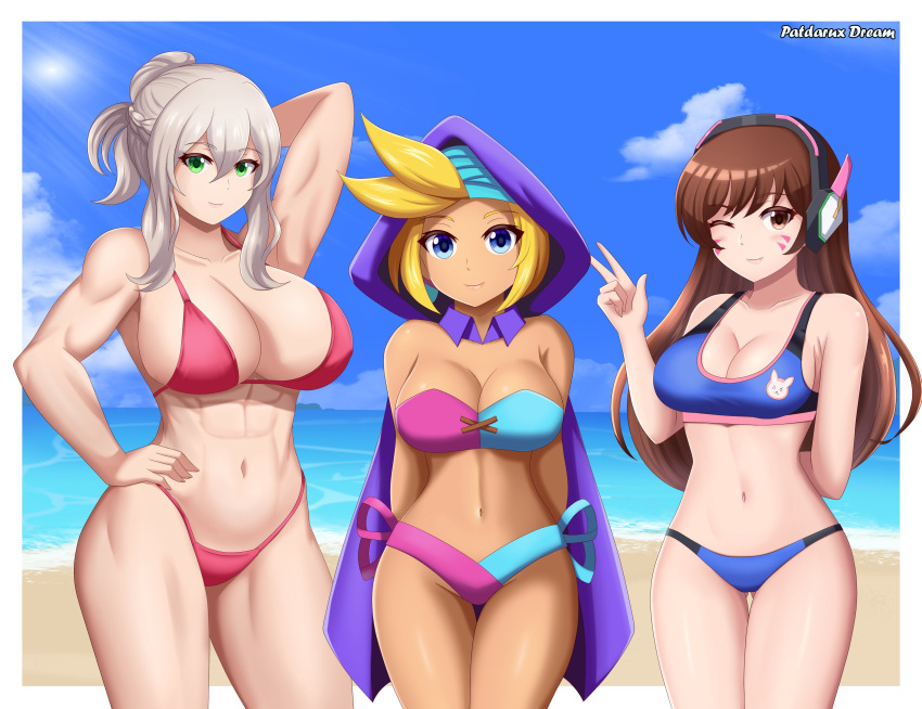 1girl 2d 3_girls abs alluring alternate_costume athletic_female bikini blonde_hair blue_bikini brown_hair cape cleavage crossover d.va d.va_(overwatch) effie_(fire_emblem) female_abs female_only fire_emblem fire_emblem_fates fit_female grey_hair hooded_cloak intellifent_systems long_hair looking_at_viewer multicolored_bikini multiple_girls navel nintendo overwatch patdarux pink_bikini pink_swimsuit shantae sky_(shantae) sports_bikini strapless_bikini swimsuit