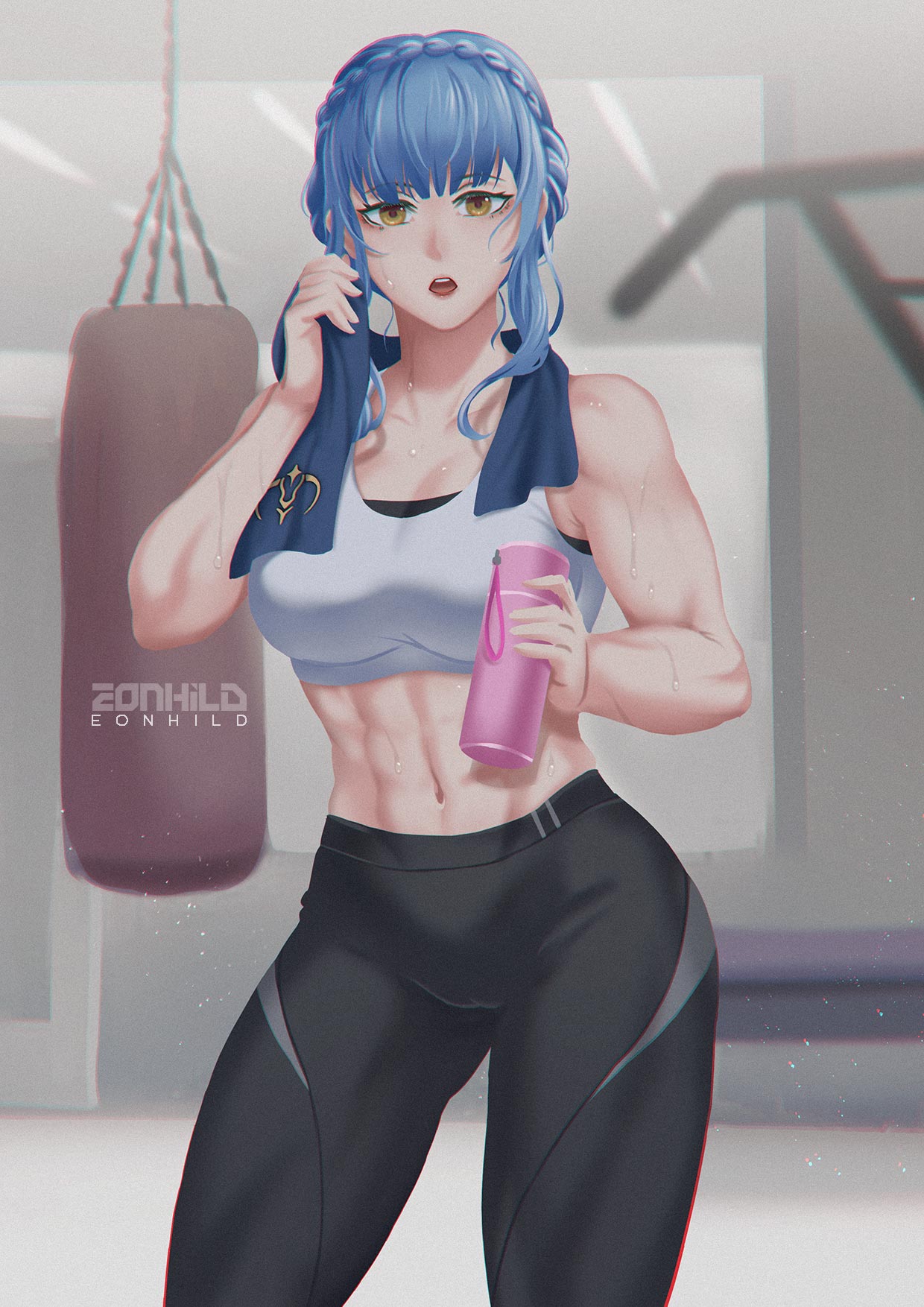 1girl abs alluring artist_name athletic_female big_breasts blue_hair bottle braid brown_eyes crown_braid eonhild female_abs fire_emblem fire_emblem:_three_houses fit_female gym high_res intelligent_systems marianne_von_edmund medium_breasts nintendo open_mouth pants punching_bag sidelocks signature sports_bra sportswear sweat teeth toned towel upper_teeth_only water_bottle yoga_pants