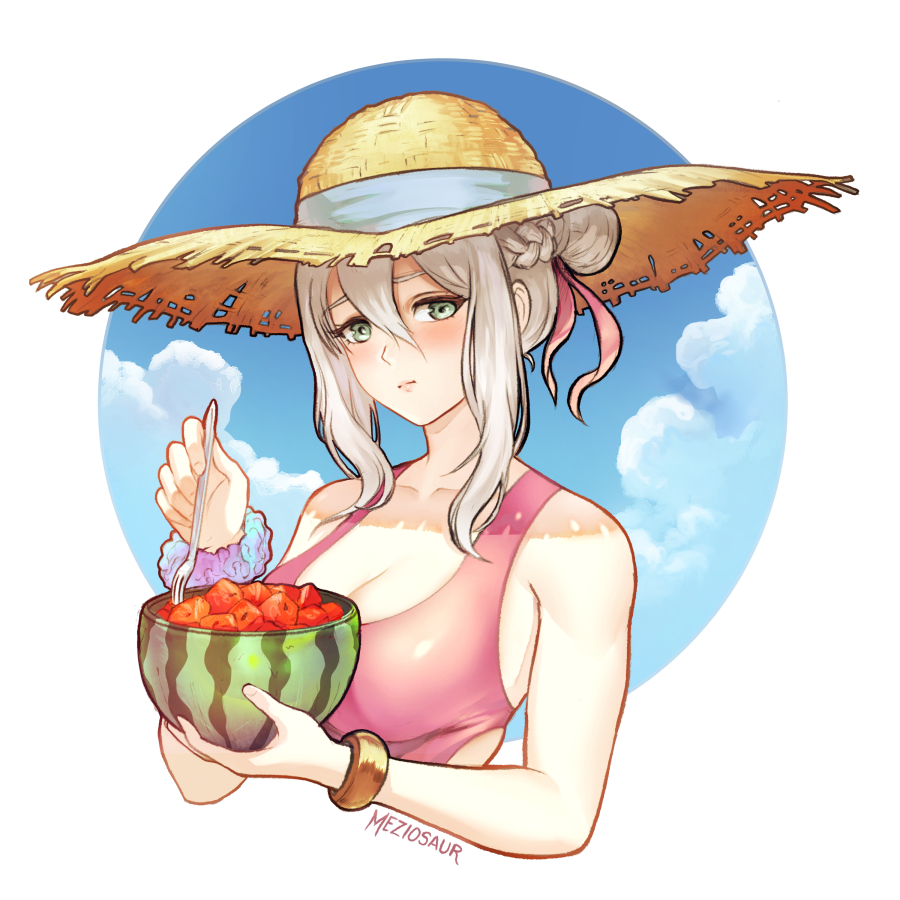 1girl alluring alternate_costume bare_shoulders bikini closed_mouth effie_(fire_emblem) fire_emblem fire_emblem_fates food fruit green_eyes grey_hair hat intelligent_systems looking_at_viewer medium_breasts meziosaur nintendo straw_hat swimsuit upper_body watermelon