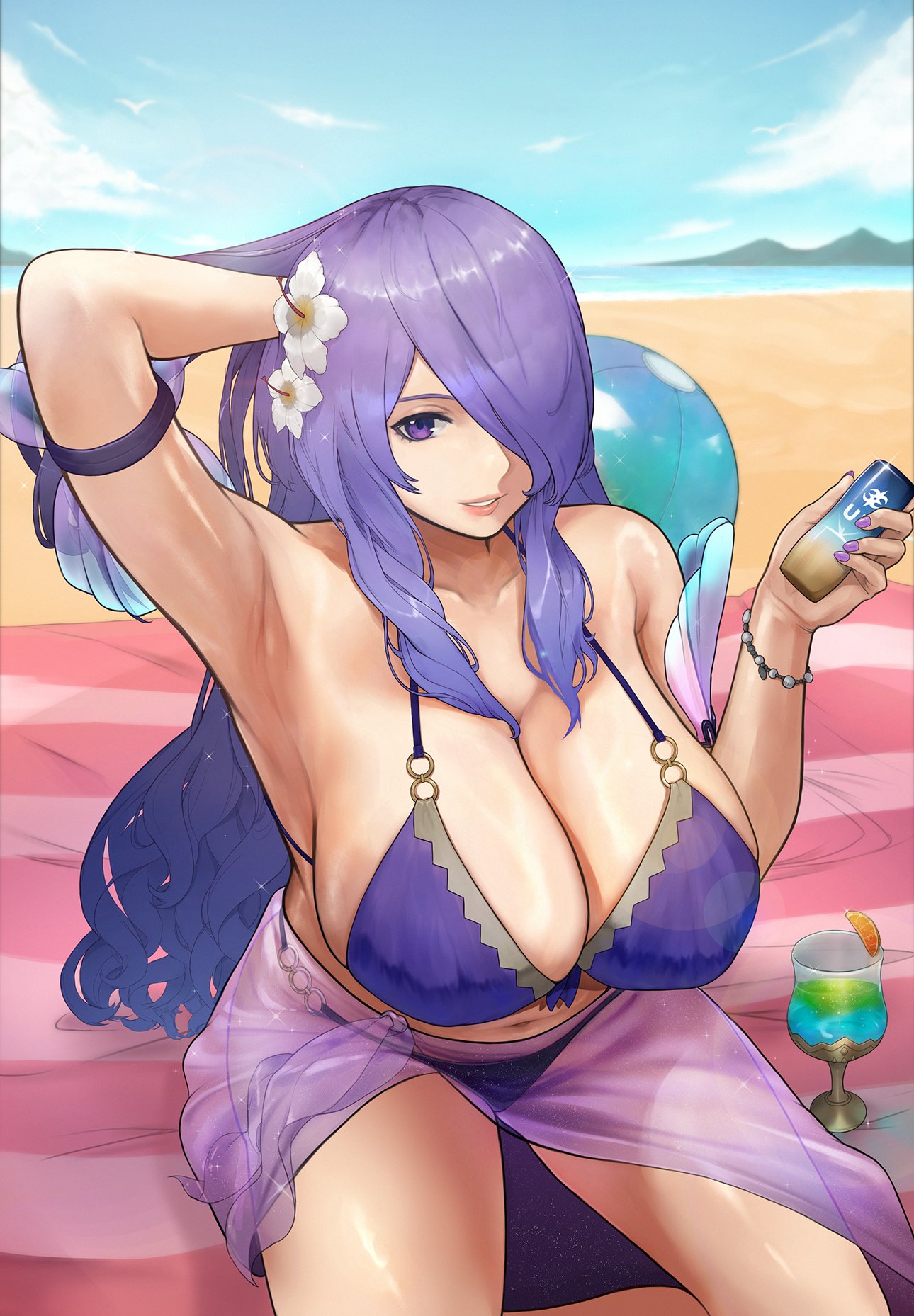 1girl alluring arm_behind_head beach big_breasts bikini blue_sky camilla_(fire_emblem) camilla_(tropical_beauty)_(fire_emblem) cleavage cloud day fire_emblem fire_emblem_fates fire_emblem_heroes fire_emblem_warriors flower hair_flower hair_ornament hair_over_one_eye high_res intelligent_systems lips long_hair looking_at_viewer lotion mixed-language_commentary nail_polish nintendo official_alternate_costume one_eye_covered outside pink_lips purple_bikini purple_eyes purple_hair purple_sarong ryrypeko sarong see-through_clothes sitting sky sunscreen swimsuit very_long_hair white_flower yasopery