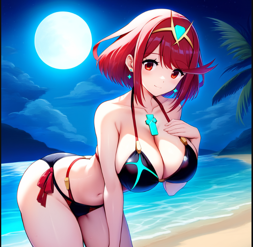 1girl alluring athletic_female beach bikini cleavage female_abs fit_female moonlight night_sky nightcore_(artist) nintendo ocean pyra_(xenoblade) red_eyes red_hair xenoblade_(series)