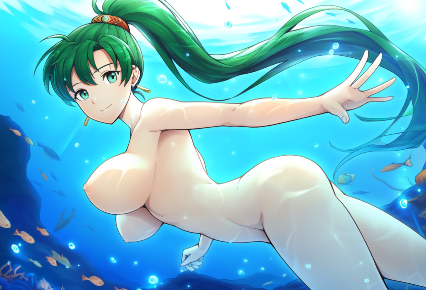 1girl alluring bare_legs completely_nude_female female fire_emblem fire_emblem:_the_blazing_blade fire_emblem_warriors green_hair intelligent_systems lyn lyn_(fire_emblem) lyndis lyndis_(fire_emblem) nightcore_(artist) nintendo nude ocean ponytail pussy skinny_dipping solo teal_eyes underwater
